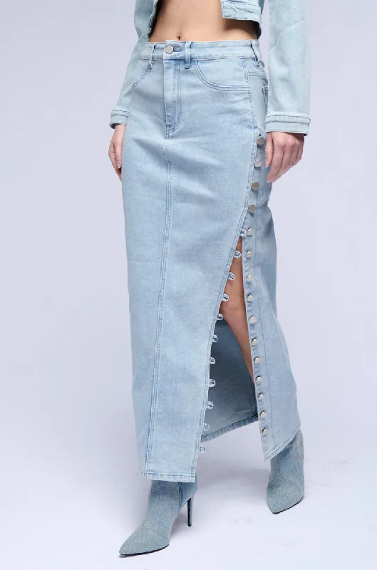 Trendy midi skirts for modern fashionistas -BRITNEY SIDE BUTTON DOWN DENIM MAXI SKIRT