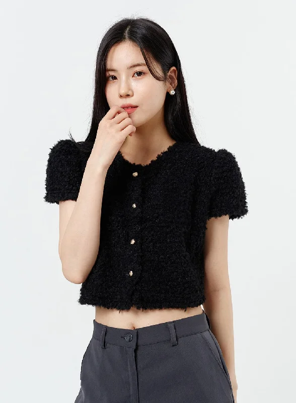 Short cardigan for petite women's style -Teddy Cropped Cardigan OM314