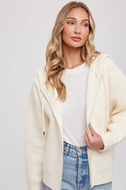 Fine - knit cardigan for a smooth finish -Cream Zip Up Hooded Cardigan