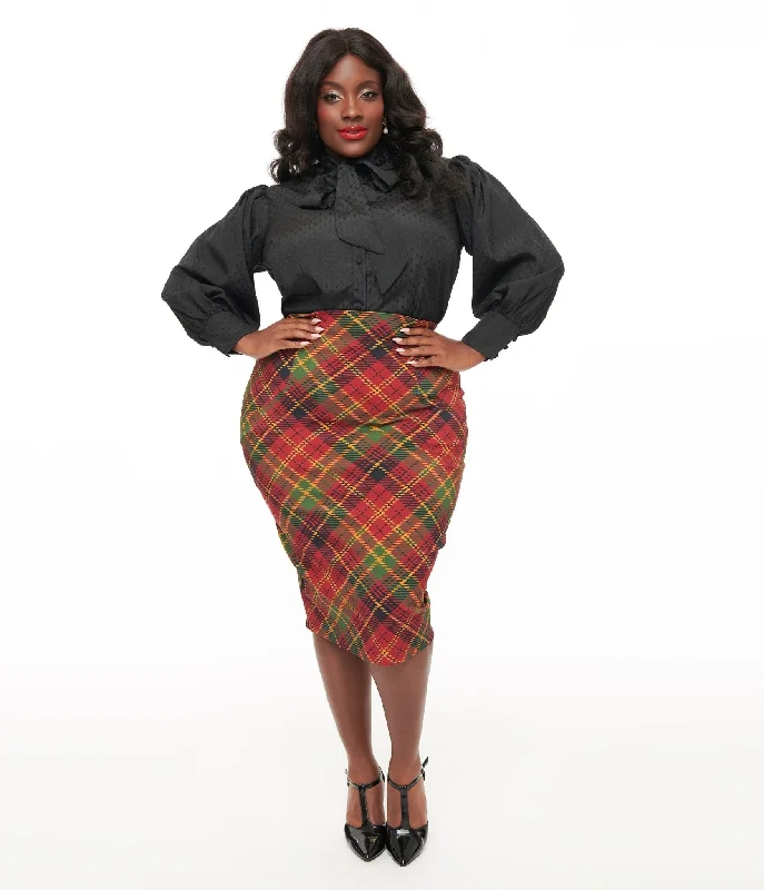 Wrap midi skirts for stylish ease -Unique Vintage Plus Size 1950s Burnt Orange & Green Plaid Tracy Pencil Skirt