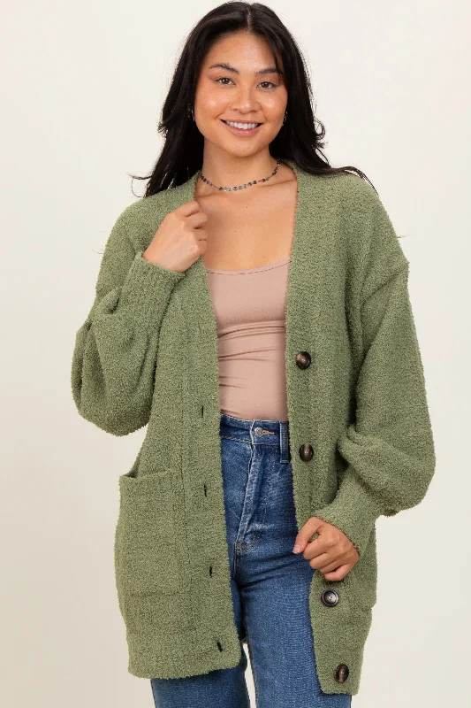 Yoga - cardigan for a flexible fit -Light Olive Fuzzy Knit Oversized Button Up Cardigan