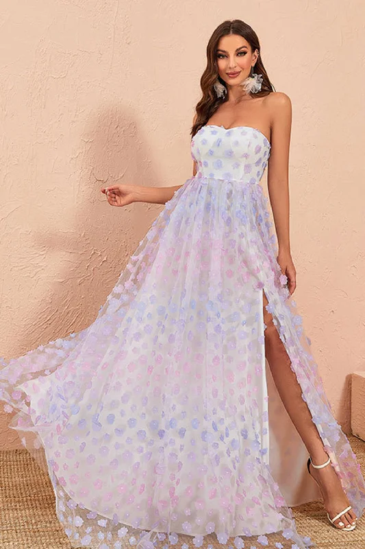 Sequined Dresses for Sparkle -Strapless A Line Tulle Prom Dress with Floral