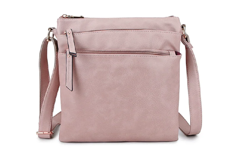 Handle bags with sleek zippers for closure -PLAIN LIGHT PINK MULTI COMPARTMENT CROSS BODY SHOULDER BAG