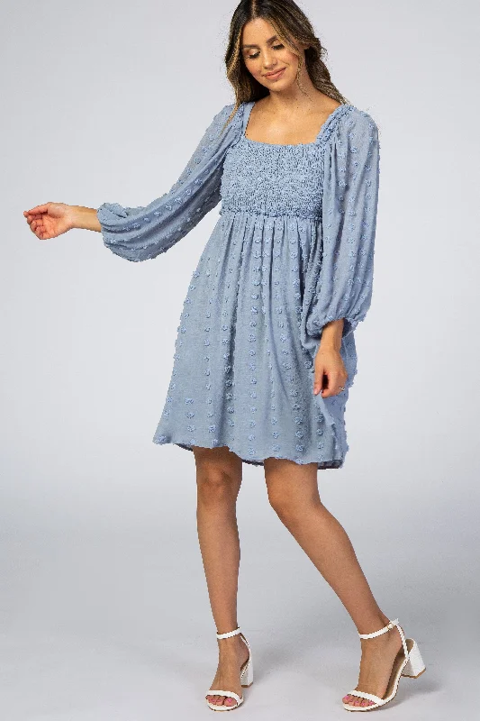 Beach Dresses for Coastal -Light Blue Textured Dot Smocked Square Neck Chiffon Dress