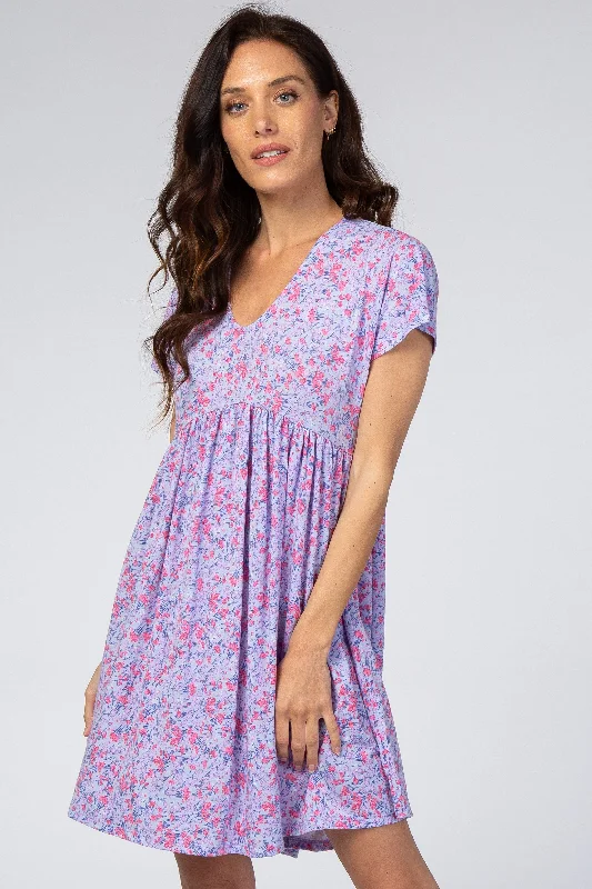 Denim Dresses for Casual Style -Lavender Floral Short Sleeve Dress