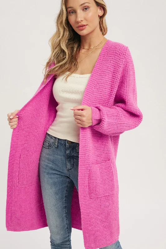 Cable - knit cardigan with classic patterns -Fuchsia Chunky Waffle Knit Cardigan