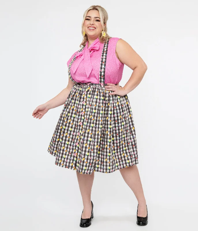 Ruffled midi skirts for delicate feminine touch -Hell Bunny Plus Size 1950s Black & White Gingham & Fruit Cotton Pinafore Swing Skirt