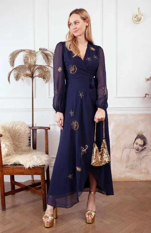 Modern Dresses for Trendy -The Kai Embellished Blouson Sleeve Wrap Dress (Navy)